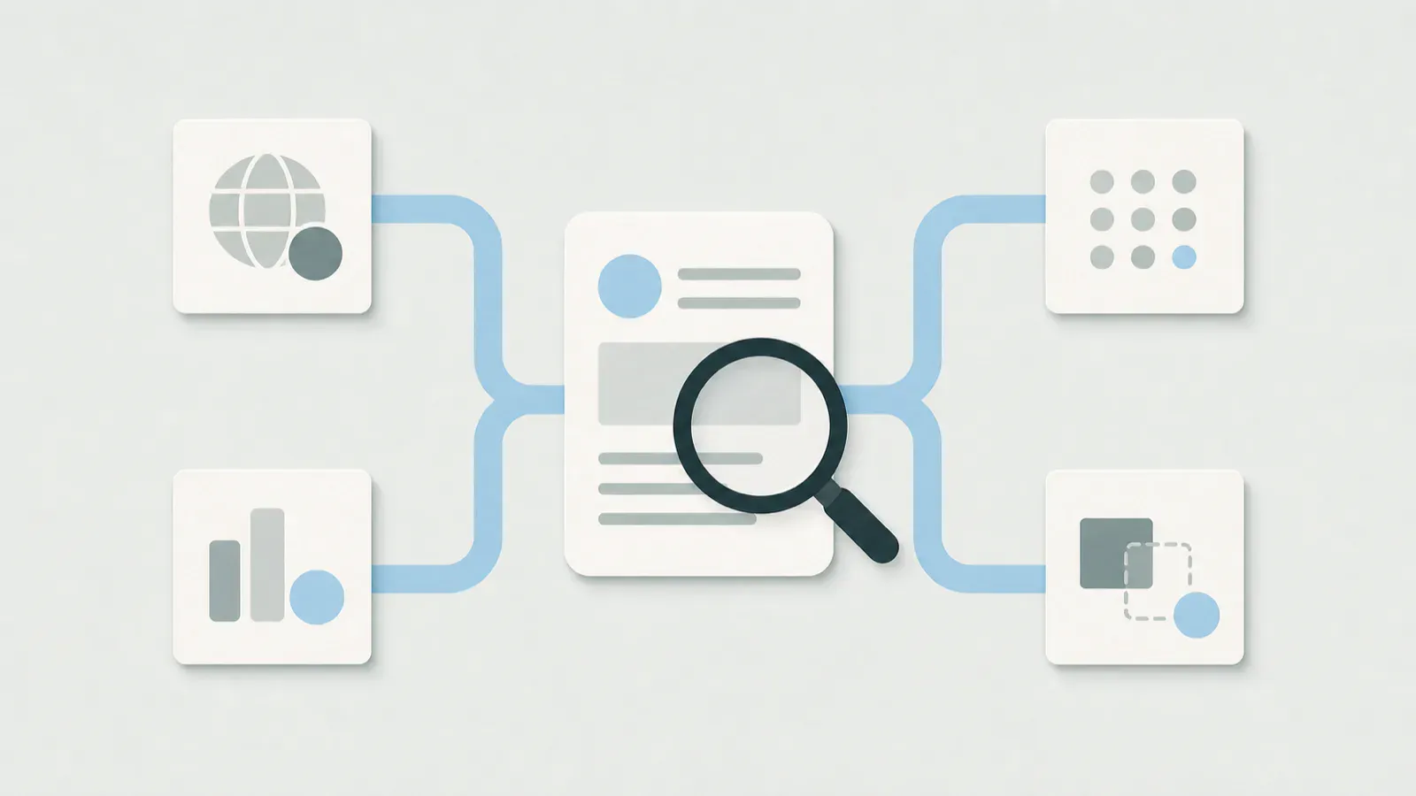A magnifying glass over one page card connected to four different evidence tiles
