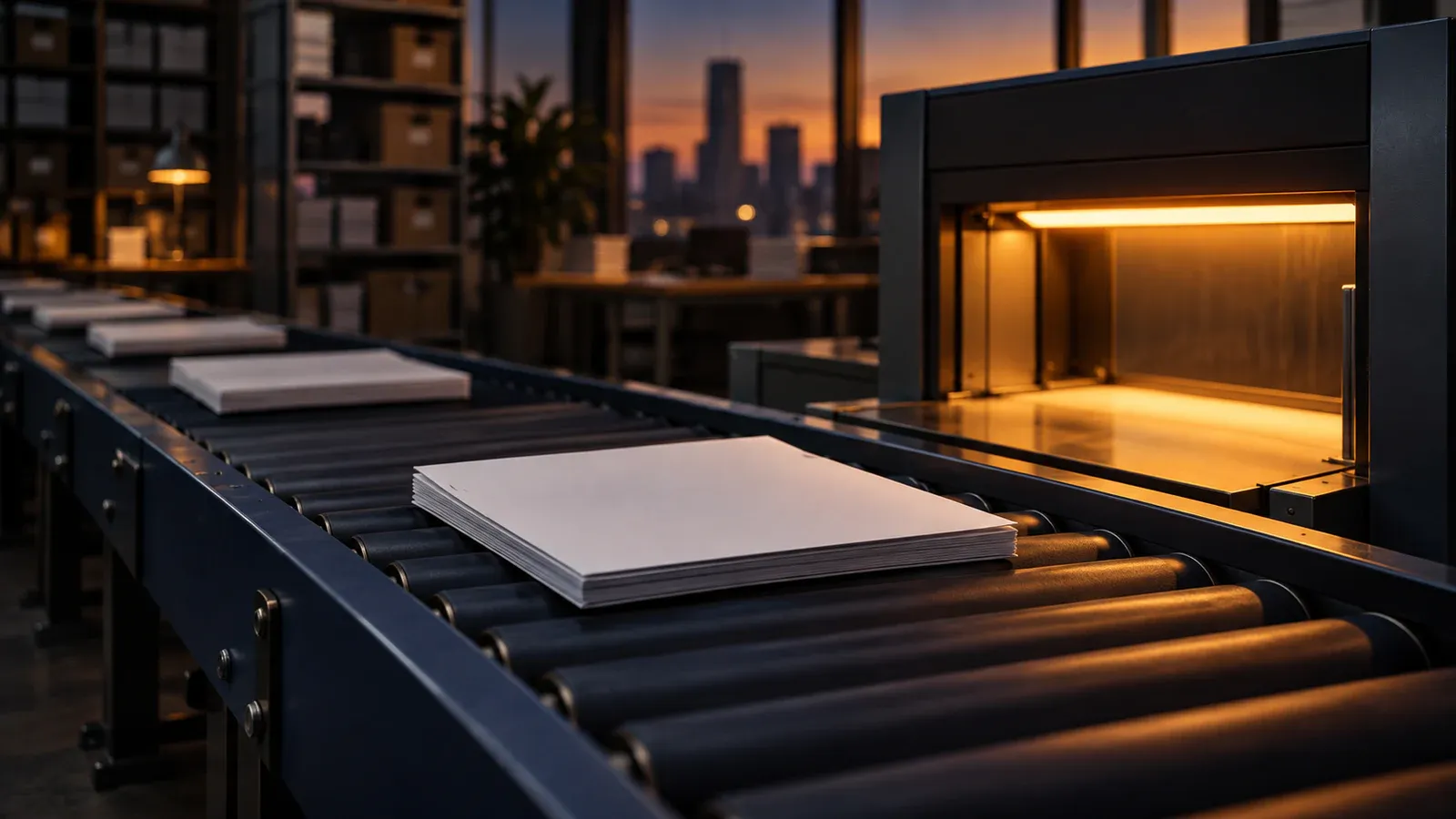 A paper dossier waits on a conveyor just before a warm-lit scanner